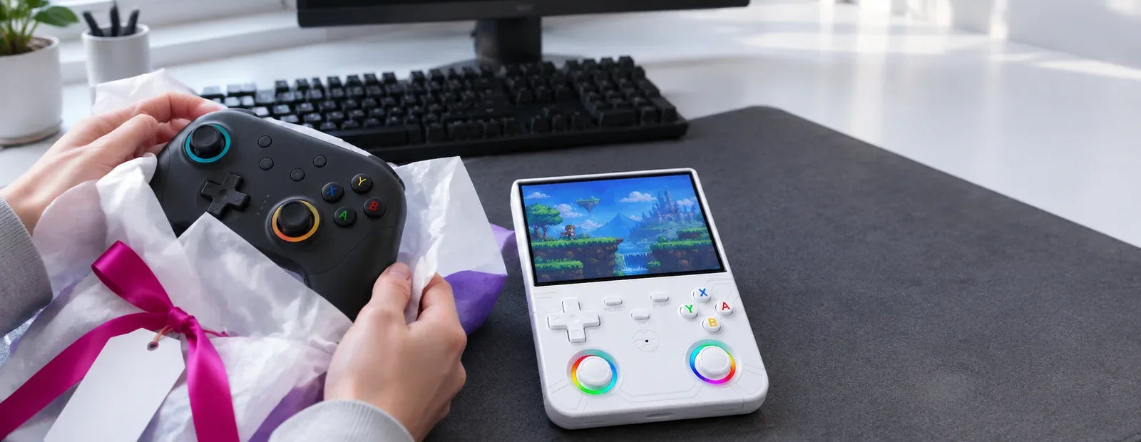 Cadeau gamer : manette sans fil et console rétro portable déballées sur un bureau gaming