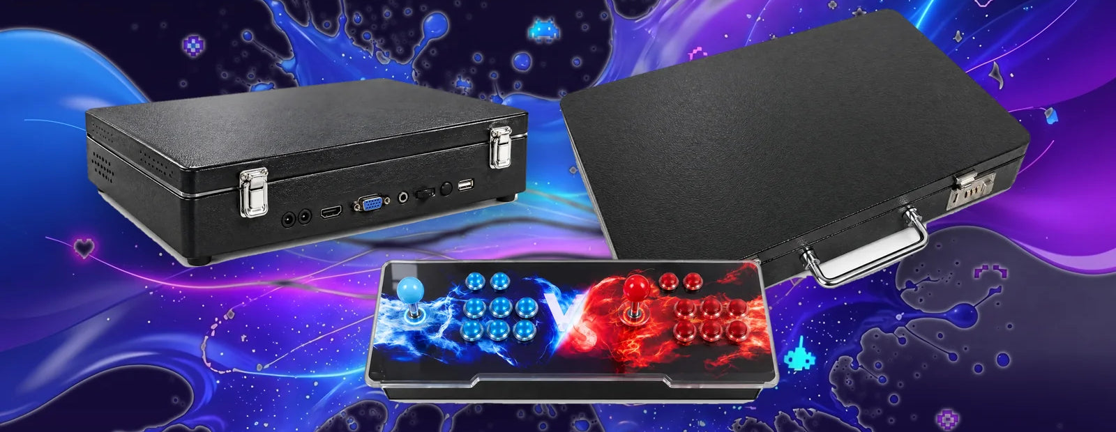 Bornes d'arcade Joypadia : valises V17 et V22 fermées et panneau T2 pour la télé