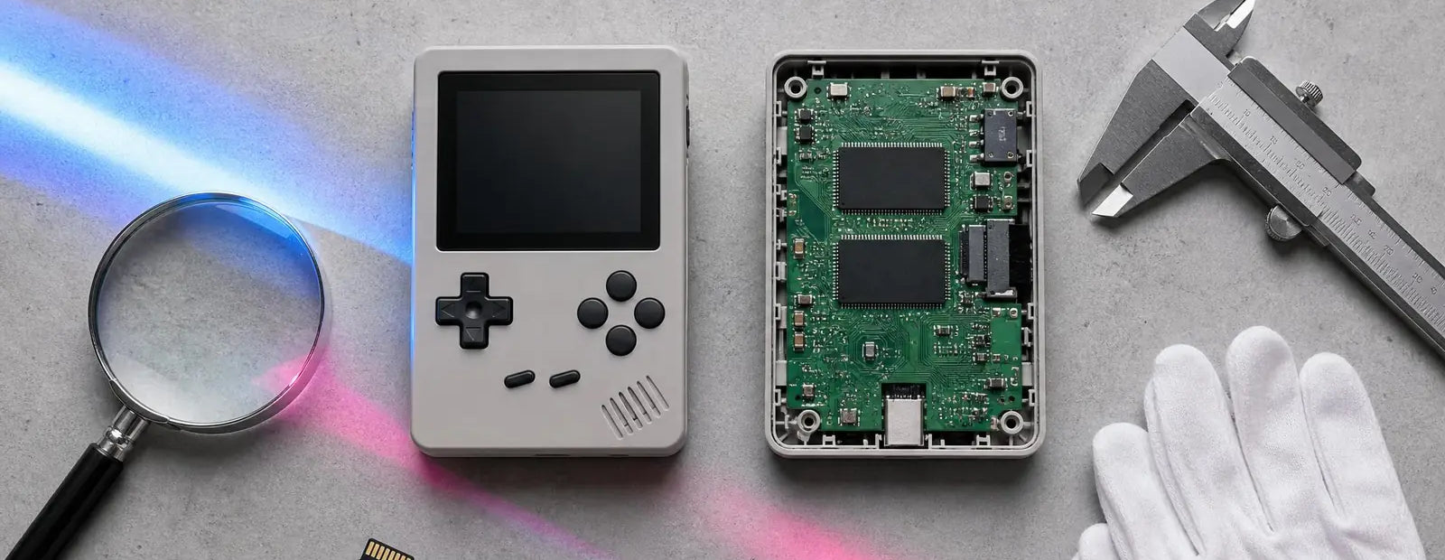 Console rétro de poche posée sur un établi de contrôle, à côté d'un second exemplaire ouvert montrant sa carte électronique et ses deux puces mémoire, avec loupe, pied à coulisse et carte microSD.