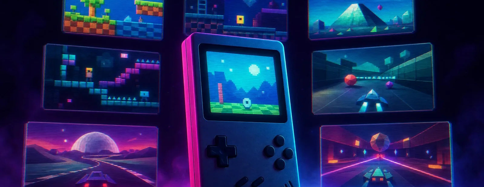 Console portable rétrogaming entourée d'écrans flottants montrant plusieurs époques de jeu : pixel 8 bits, sprites 16 bits et premières scènes 3D en polygones.