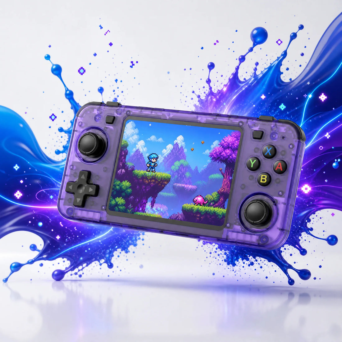 Console portable rétrogaming format manette 128 Go, ArkOS 2.0, châssis translucide violet et double stick.