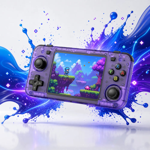 Console portable rétrogaming format manette 128 Go, ArkOS 2.0, châssis translucide violet et double stick.