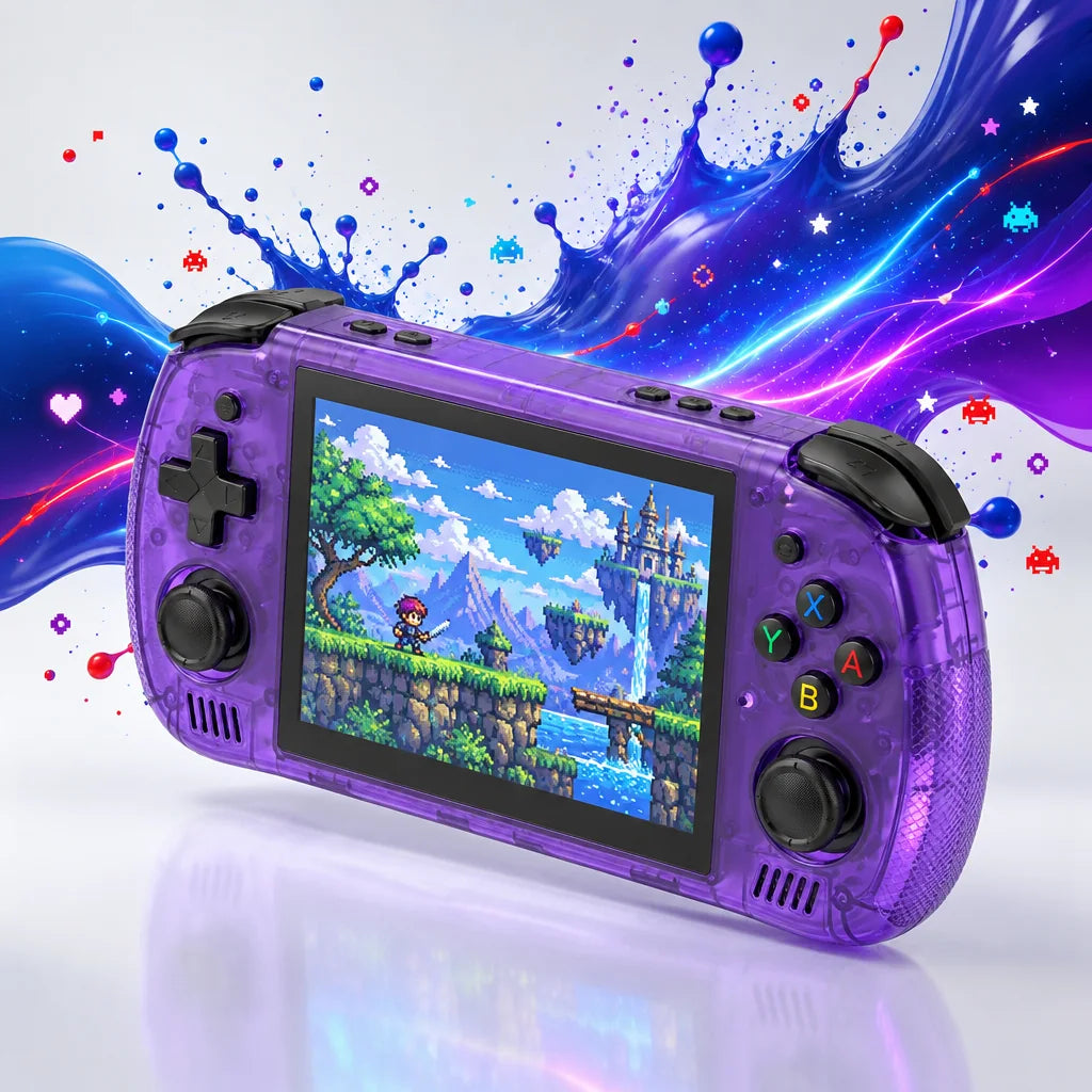 Console portable rétrogaming 4,2 pouces violette, prise en main façon manette, écran allumé
