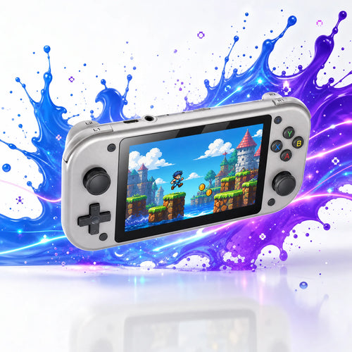 Console portable rétrogaming 4,3 pouces IPS gris argent, format manette et double joystick.