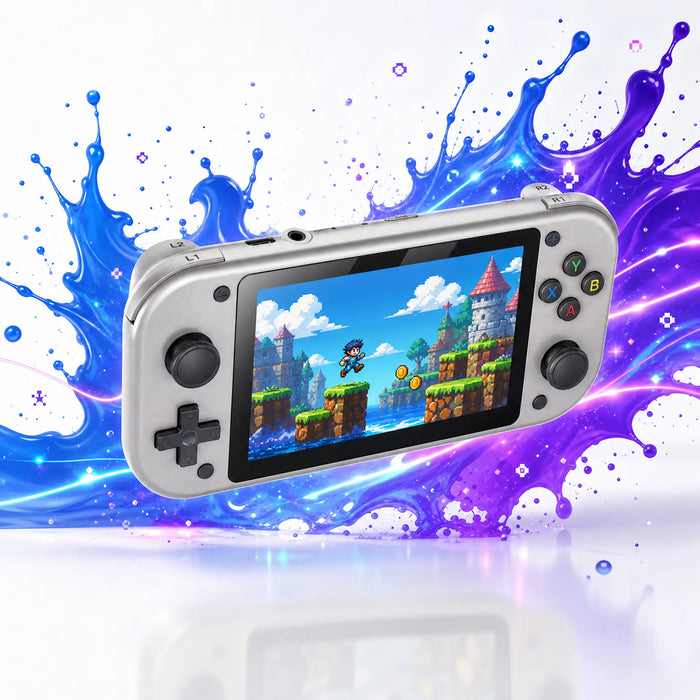 Console portable rétrogaming 4,3 pouces IPS gris argent, format manette et double joystick.