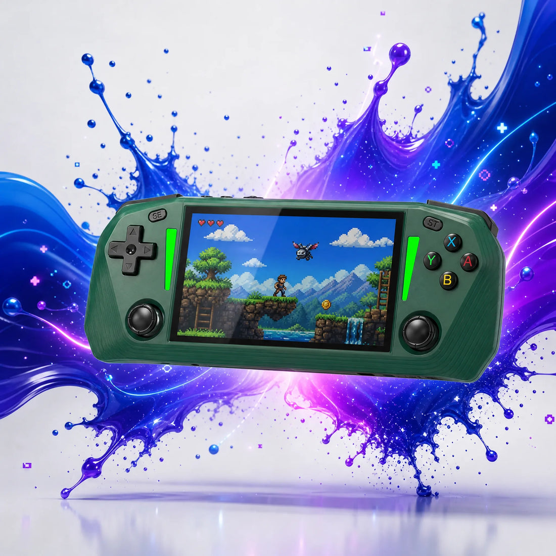 Console portable rétrogaming 4,3 pouces verte au format manette, écran IPS et double joystick.