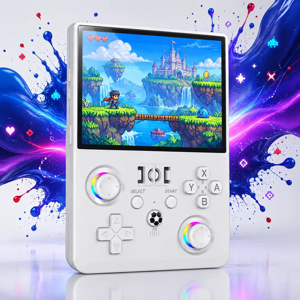 Console portable rétrogaming 4,5 pouces blanche, écran allumé sur un jeu de plateforme