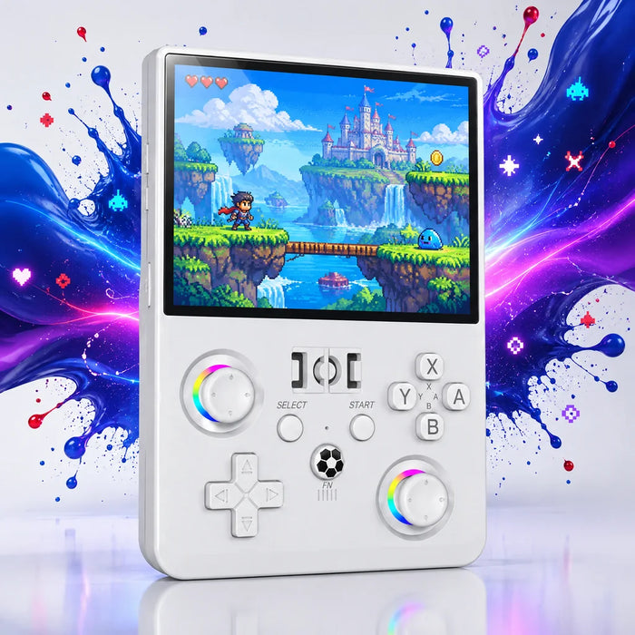 Console portable rétrogaming 4,5 pouces blanche, écran allumé sur un jeu de plateforme