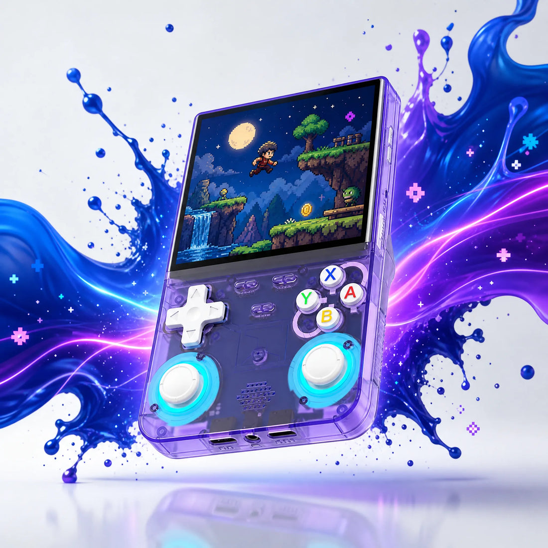 Console portable rétrogaming 4 pouces à châssis translucide violet, WiFi et double joystick, prête à jouer.