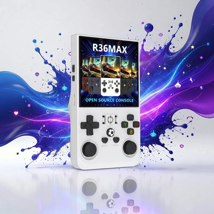 Console portable rétrogaming R36 Max blanche, écran 4 pouces, format poche, prête à jouer.