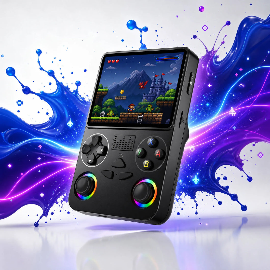 Console portable rétrogaming format manette, WiFi, grand écran 3,5 pouces et joysticks RGB.