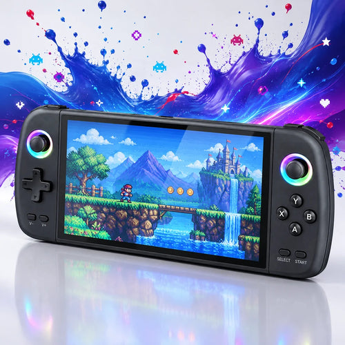 Console rétrogaming portable à grand écran 7 pouces, écran allumé sur un jeu de course