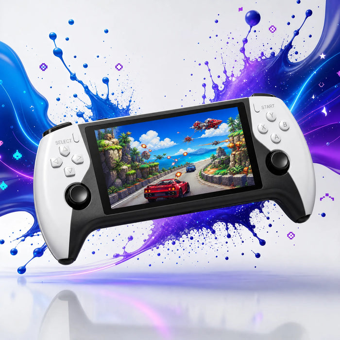 Console retrogaming portable au format manette avec écran 5 pouces et double joystick, prête à jouer.