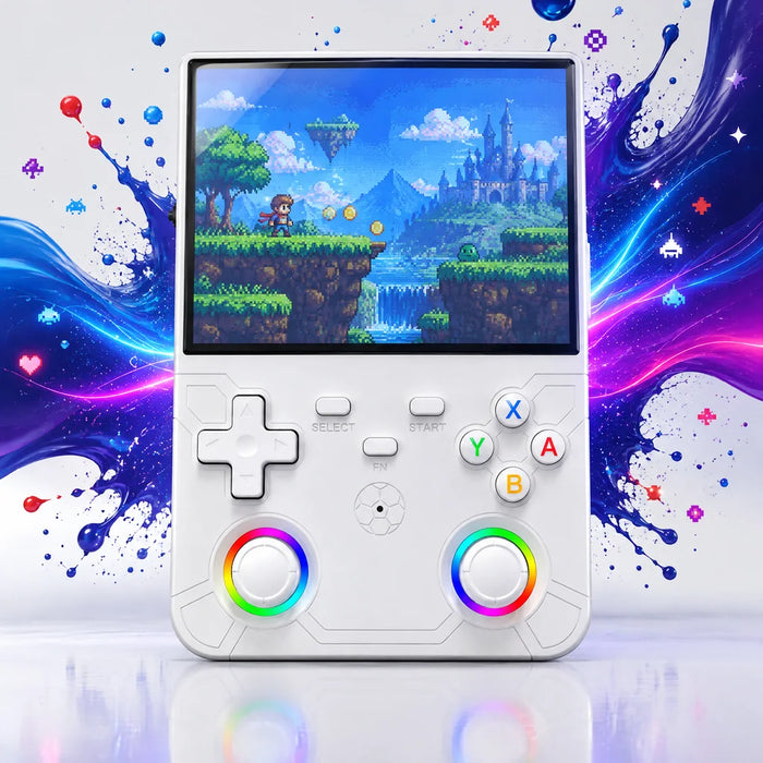Console rétrogaming portable WiFi 4,5 pouces blanche, écran allumé sur un jeu de plateforme