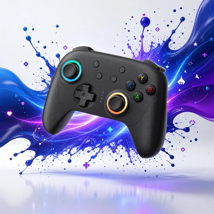 Manette gaming sans fil pour rétrogaming, joysticks à anneaux RGB et boutons ABXY colorés.