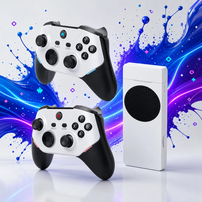 Stick TV rétrogaming 4K avec deux manettes sans fil, à brancher en HDMI sur la télévision.