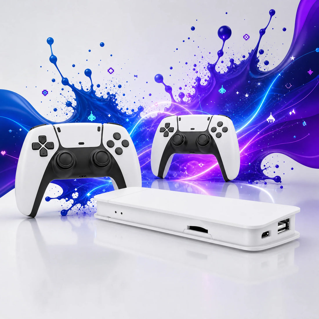Stick TV rétrogaming 4K blanc avec deux manettes sans fil et 20 000 jeux, à brancher en HDMI.