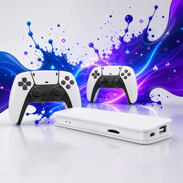 Stick TV rétrogaming 4K blanc avec deux manettes sans fil et 20 000 jeux, à brancher en HDMI.