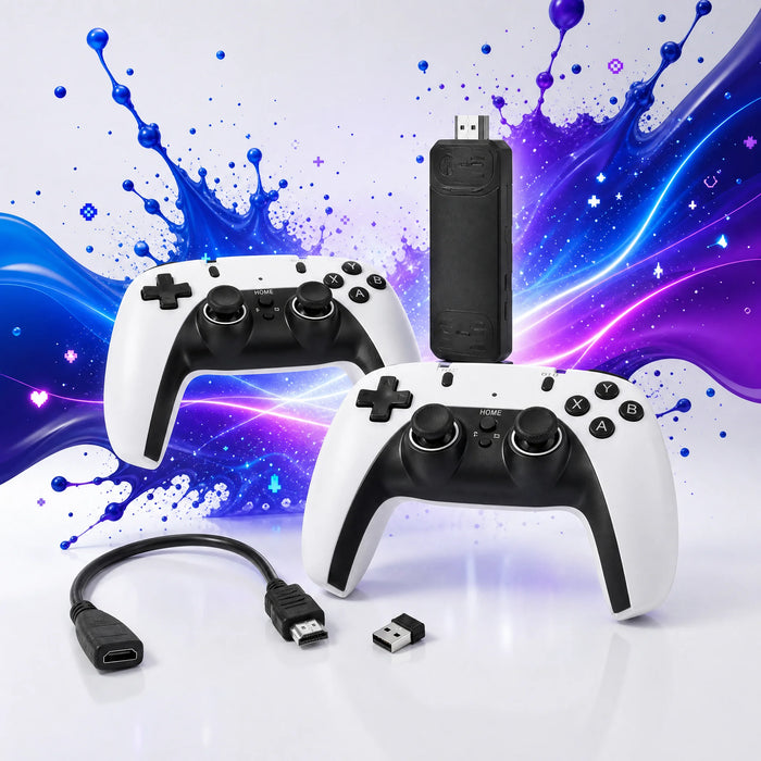 Stick TV rétrogaming 4K avec deux manettes sans fil blanches et 30 000 jeux, à brancher en HDMI.