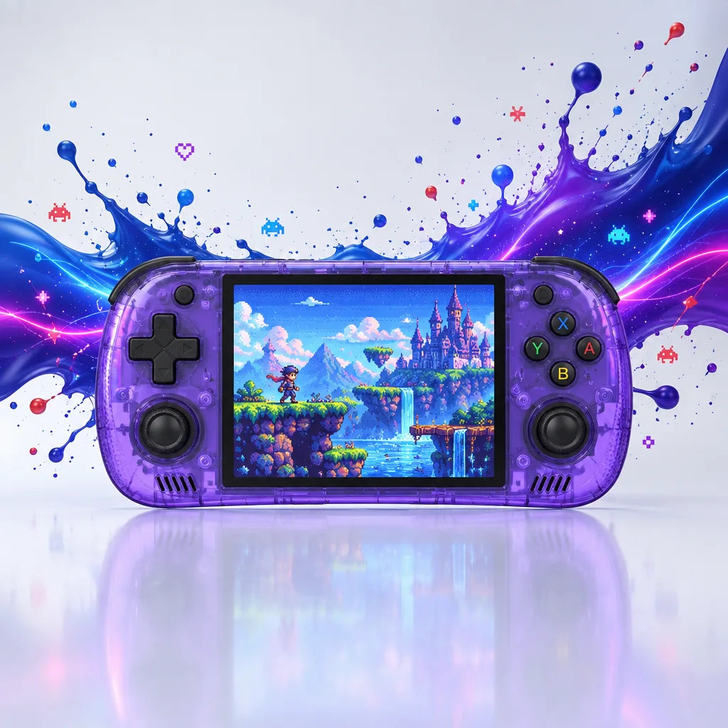 Console portable rétrogaming de face, écran 4,2 pouces 1024×768 et double joystick