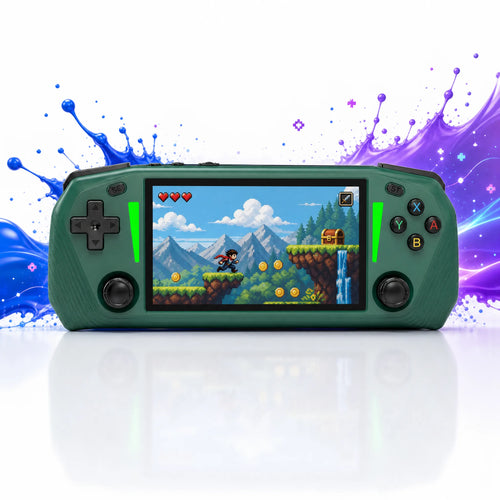 Vue de face de la console portable rétrogaming 4,3 pouces verte, D-pad, double stick et boutons ABXY.