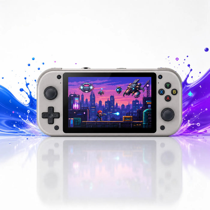 Vue de face de la console portable rétrogaming 4,3 pouces IPS, D-pad, double stick et boutons ABXY.