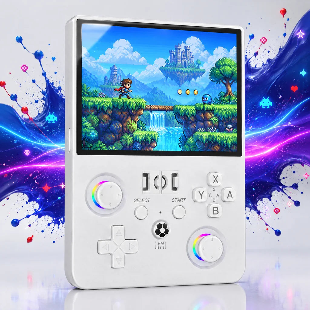Console portable rétrogaming de face, écran 4,5 pouces 1024×768 et double joystick RGB