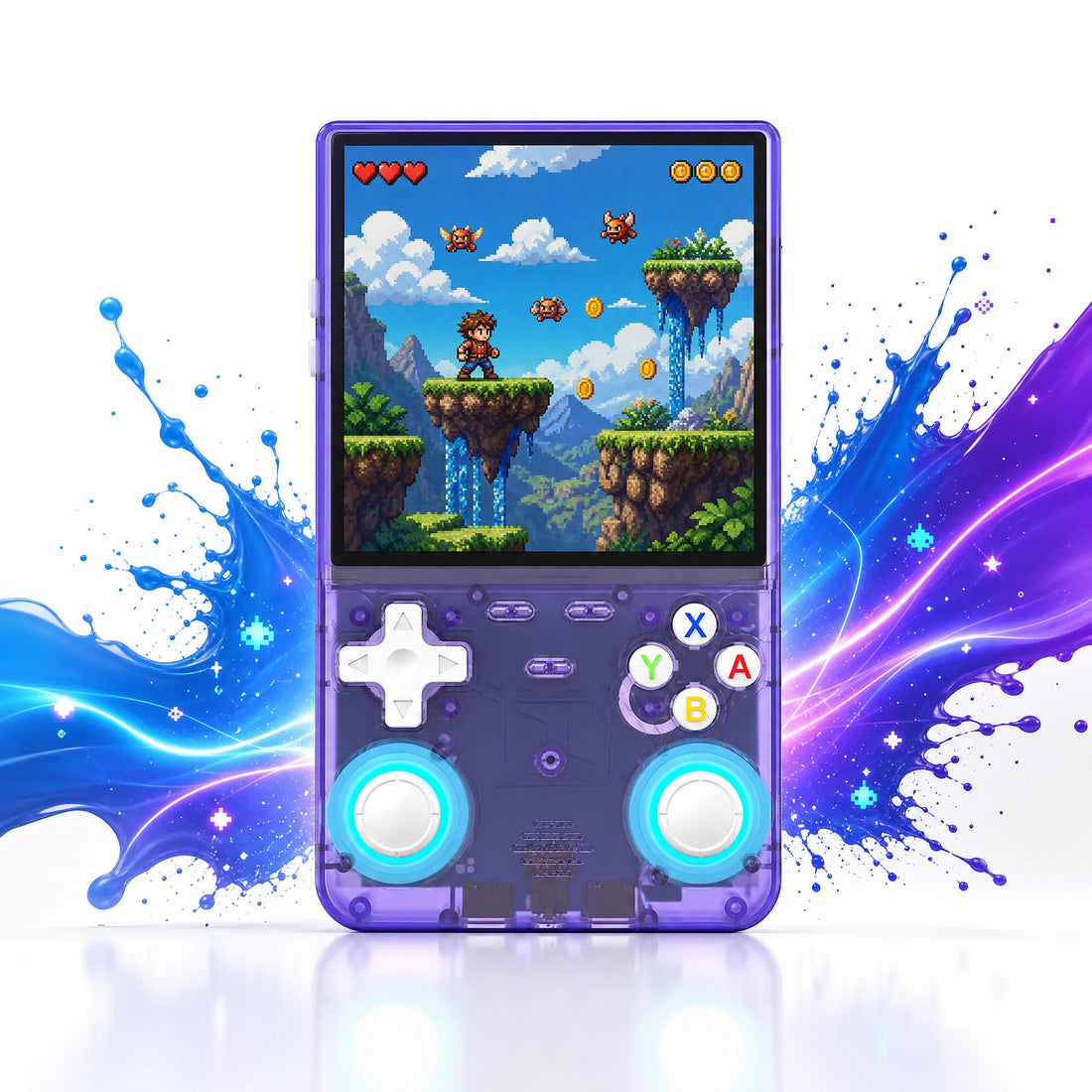 Vue de face de la console portable rétrogaming 4 pouces translucide, D-pad, double stick et boutons ABXY.