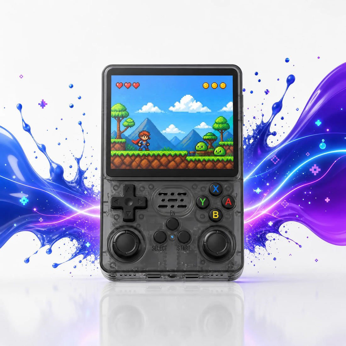 Vue de face de la console portable rétrogaming 4 pouces translucide, D-pad, double stick et boutons ABXY.
