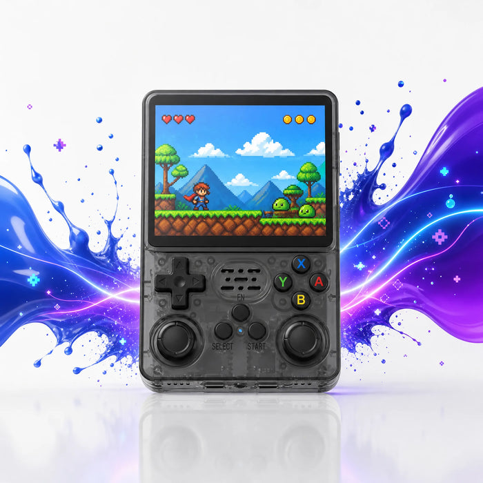 Vue de face de la console portable rétrogaming 4 pouces translucide, D-pad, double stick et boutons ABXY.