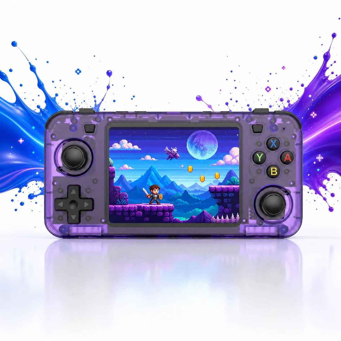 Vue de face de la console portable rétrogaming au format manette, écran HD, double joystick et ABXY.