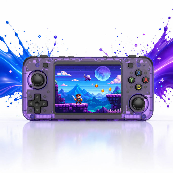 Vue de face de la console portable rétrogaming au format manette, écran HD, double joystick et ABXY.