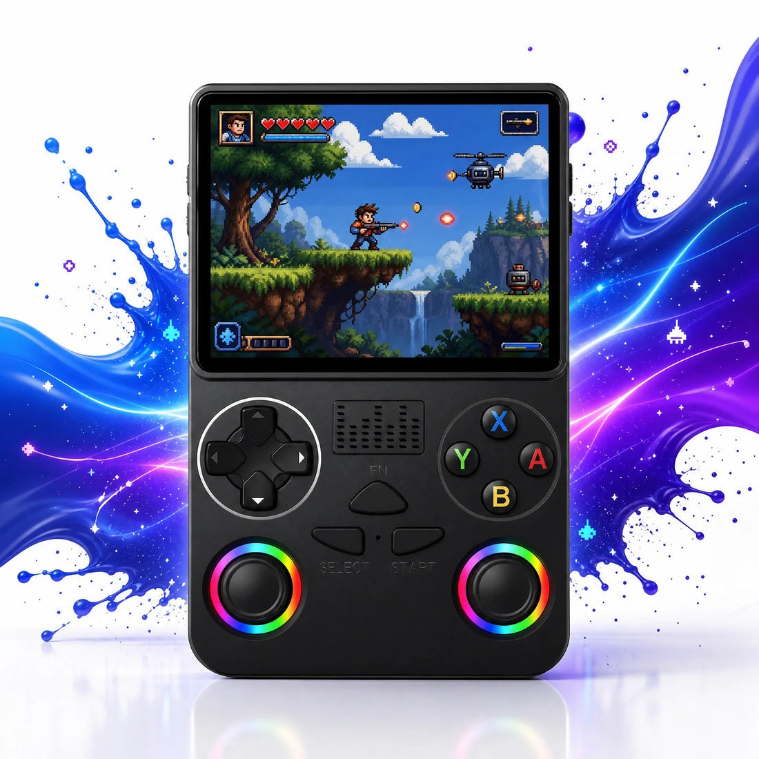 Vue de face de la console portable rétrogaming format manette noire, double stick RGB et boutons ABXY.