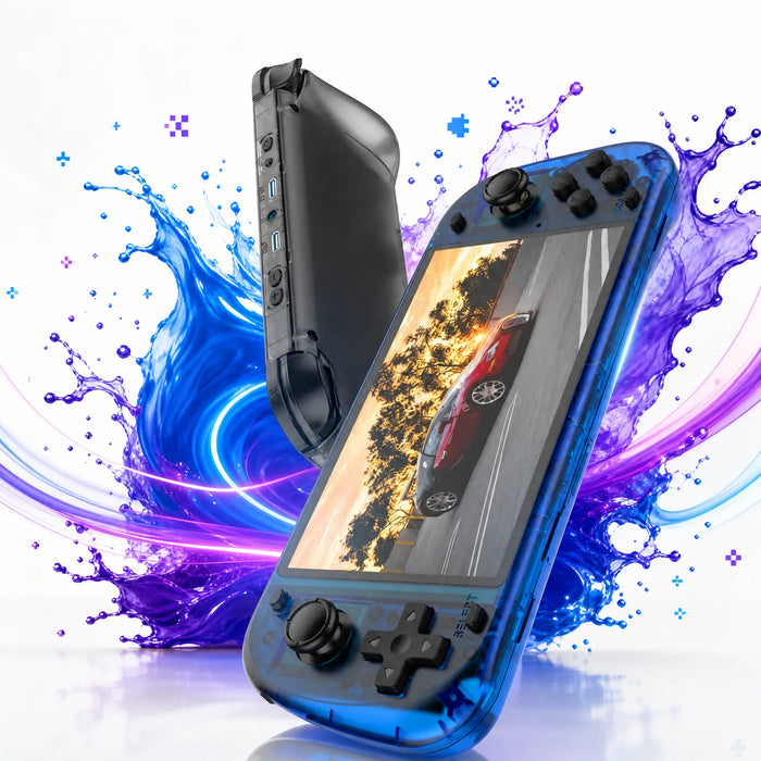 Console retro portable translucide bleue avec grand écran HD pour l'émulation rétrogaming.