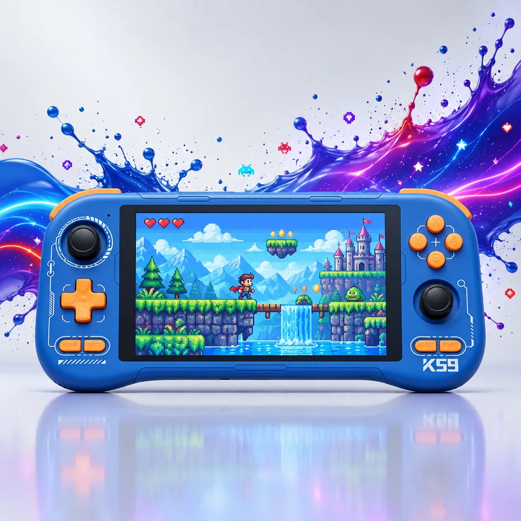 Console rétrogaming Android de face, écran tactile 5,5 pouces et commandes orange