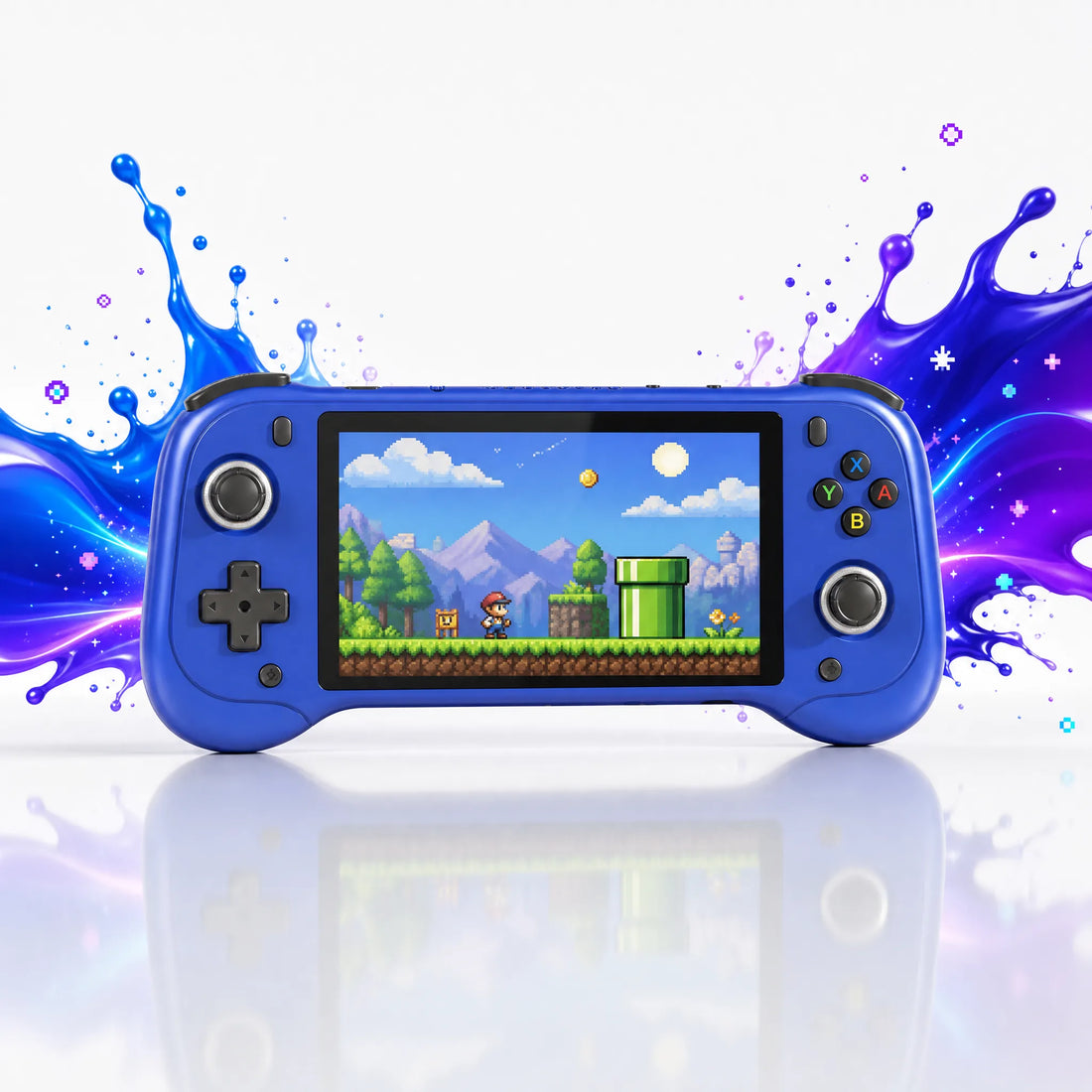 Vue de face de la console rétrogaming portable 5,5 pouces bleue, double stick, D-pad et boutons ABXY.