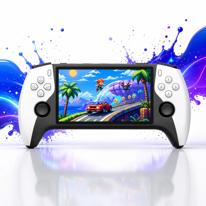 Vue de face de la console retrogaming portable, écran FHD 5 pouces et boutons ABXY, façade blanche.