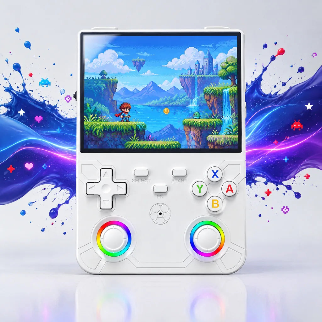 Console rétrogaming WiFi de face, écran 4,5 pouces 1024×768 et double stick à anneau RGB