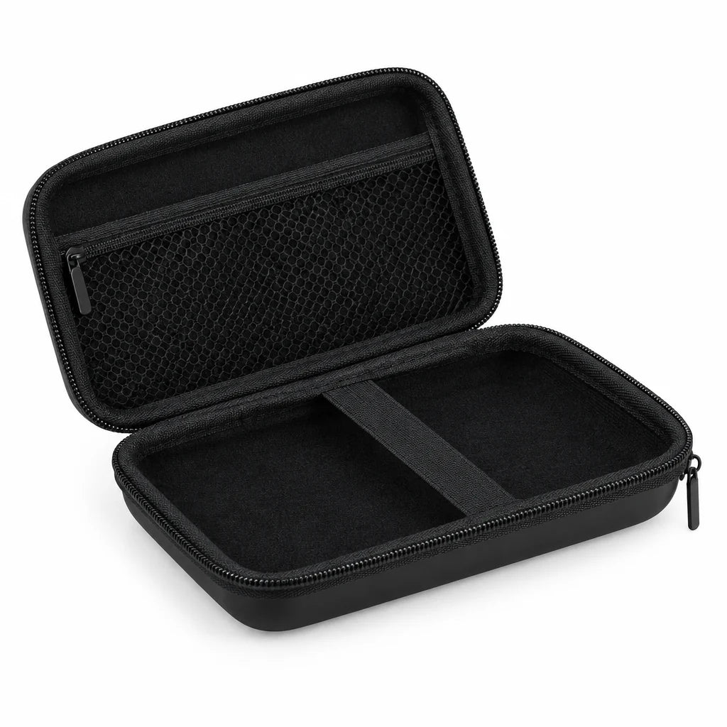 Intérieur de l'étui 4 pouces : poche filet zippée et sangle élastique