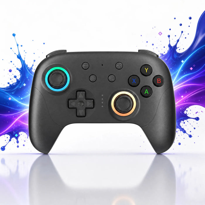 Vue de face de la manette gaming sans fil noire, croix directionnelle et double stick à effet Hall.