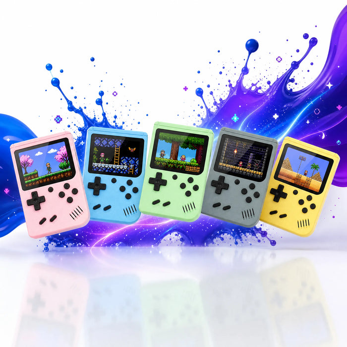 Mini console retrogaming de poche en plusieurs coloris : rose, bleu, vert, gris et jaune.
