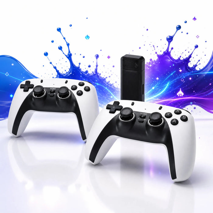 Deux manettes sans fil blanches du stick TV rétrogaming.