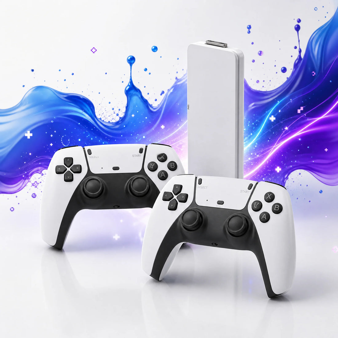 Deux manettes sans fil blanches du stick TV rétrogaming.