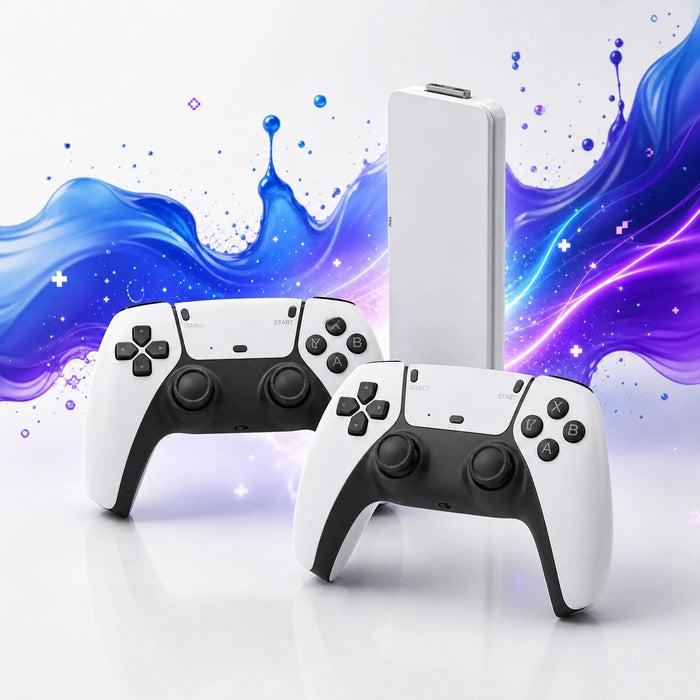Deux manettes sans fil blanches du stick TV rétrogaming.