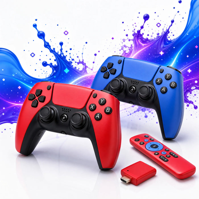 Deux manettes sans fil rouge et bleue du stick TV rétrogaming.