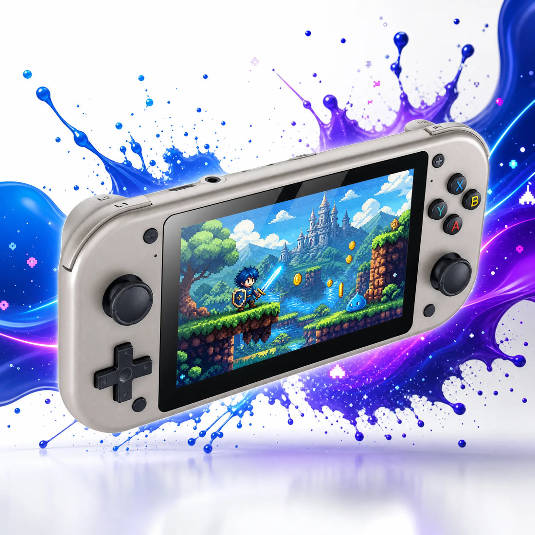 Écran IPS 4,3 pouces de la console portable rétrogaming affichant un jeu rétro coloré.