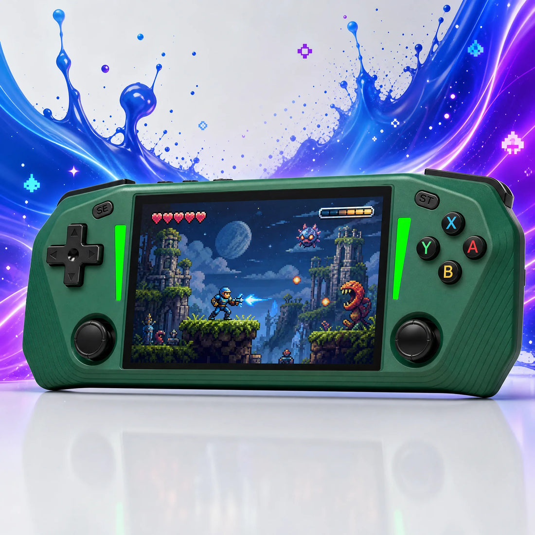 Écran IPS 4,3 pouces de la console portable rétrogaming affichant un jeu rétro coloré.