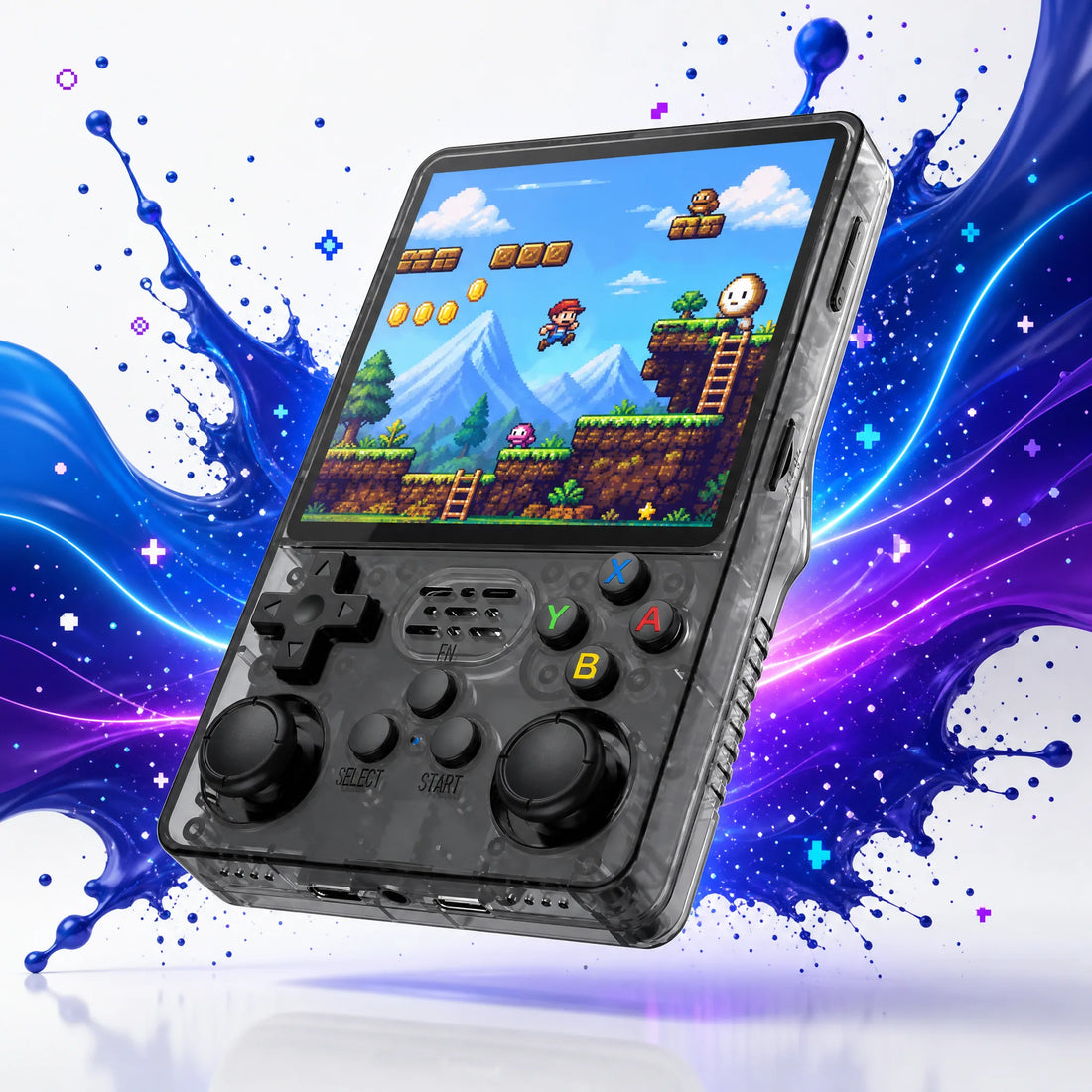 Écran 4 pouces 720x720 de la console portable rétrogaming affichant un jeu rétro 16 bits.