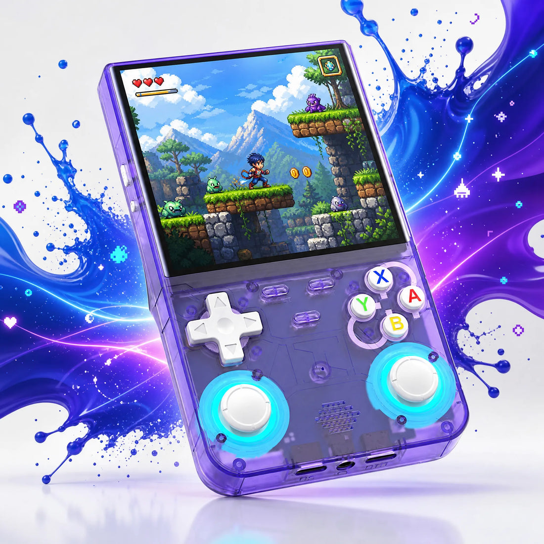 Écran IPS 4 pouces de la console portable rétrogaming affichant un jeu rétro coloré en grand format.