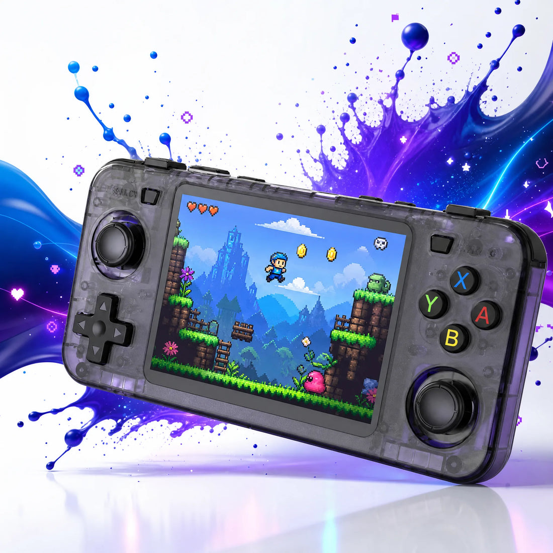 Écran HD de la console portable rétrogaming format manette affichant un jeu rétro coloré.